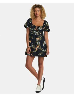 RVCA Linen Sweet Talk Mini Dress Black Floral Puff Sleeve Tie Front NWT S
